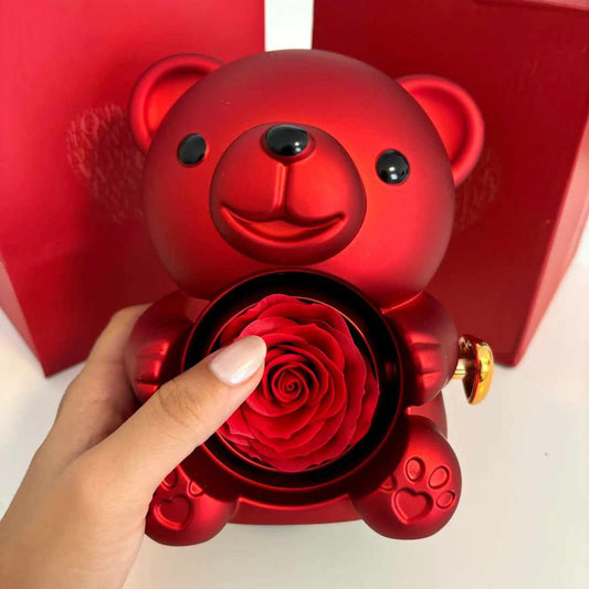 Give the most unforgettable gift with this Luxury Red Bear Eternal Rose Gift Box — a stunning red metallic teddy bear that opens to reveal a real preserved eternal r