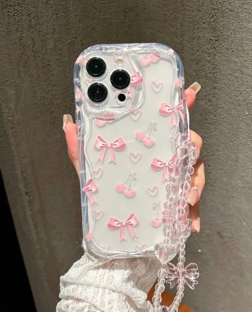 Pink Bow & Cherry Clear iPhone Case with Bracelet Chain