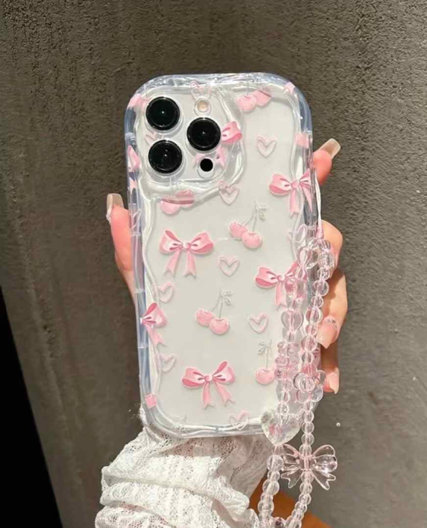 Add a touch of feminine charm to your iPhone with this Pink Bow & Cherry Clear TPU Case — a dreamy, coquette-aesthetic phone case featuring delicate pink bows, c