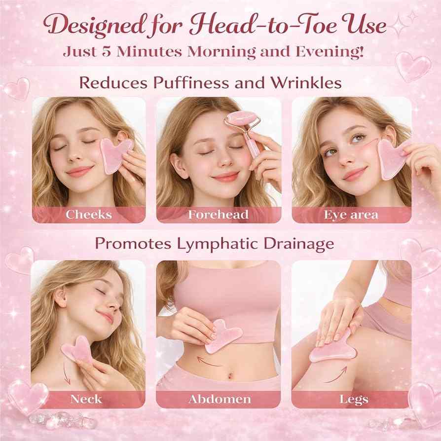 Elevate your skincare ritual with the Aura Glow Rose Quartz Roller & Gua Sha Set — a luxurious 2-piece crystal beauty tool designed to sculpt, lift, and illumina