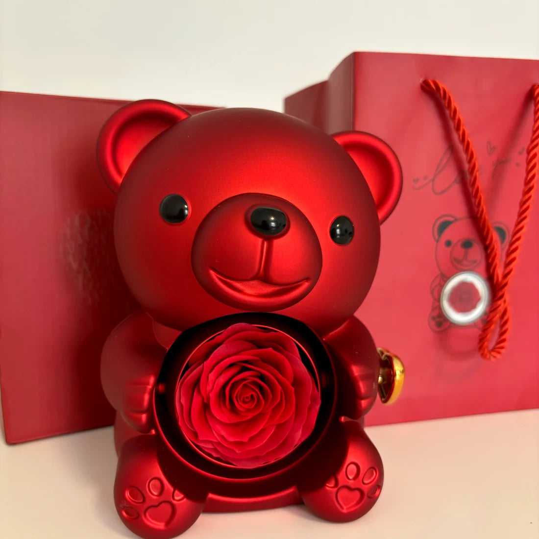 Luxury Red Bear Eternal Rose Gift Box with Gold Heart Necklace