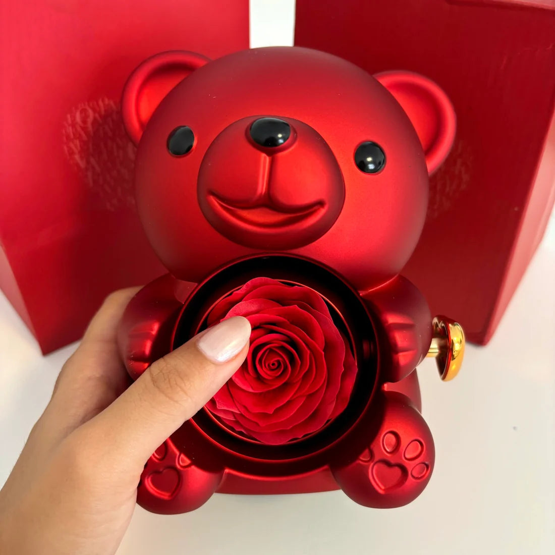Luxury Red Bear Eternal Rose Gift Box with Gold Heart Necklace