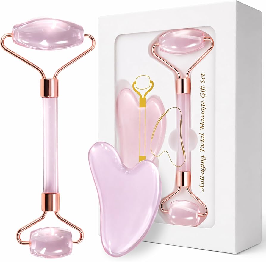 Aura Glow Rose Quartz Roller & Gua Sha Set | Anti-Aging Facial Massage