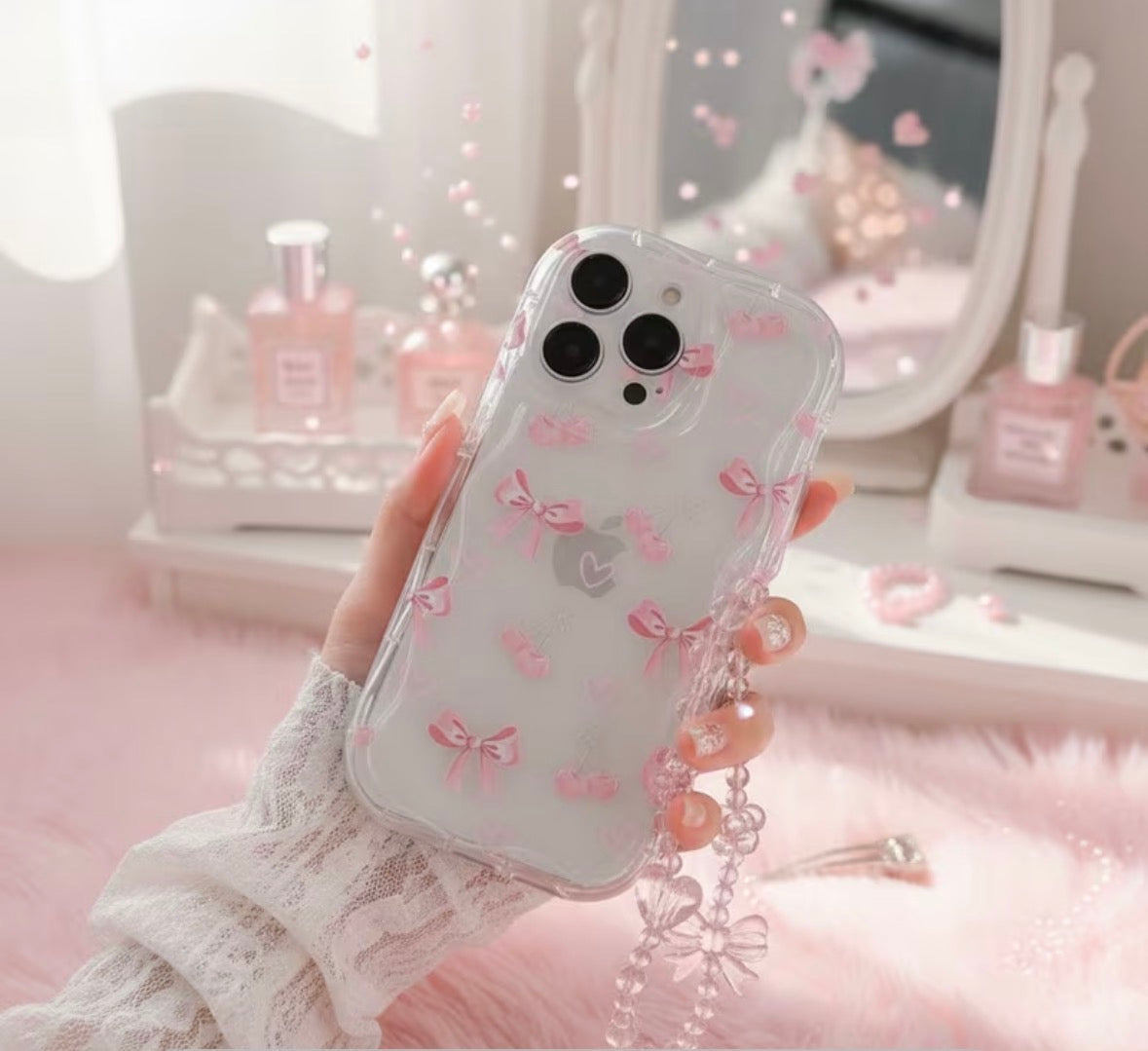 Pink Bow & Cherry Clear iPhone Case with Bracelet Chain