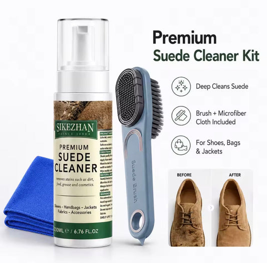 Sikezhan Premium Suede Cleaner Kit – Foam Spray + Brush + Microfiber Cloth
