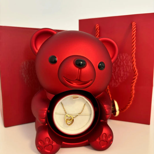 Luxury Red Bear Eternal Rose Gift Box with Gold Heart Necklace
