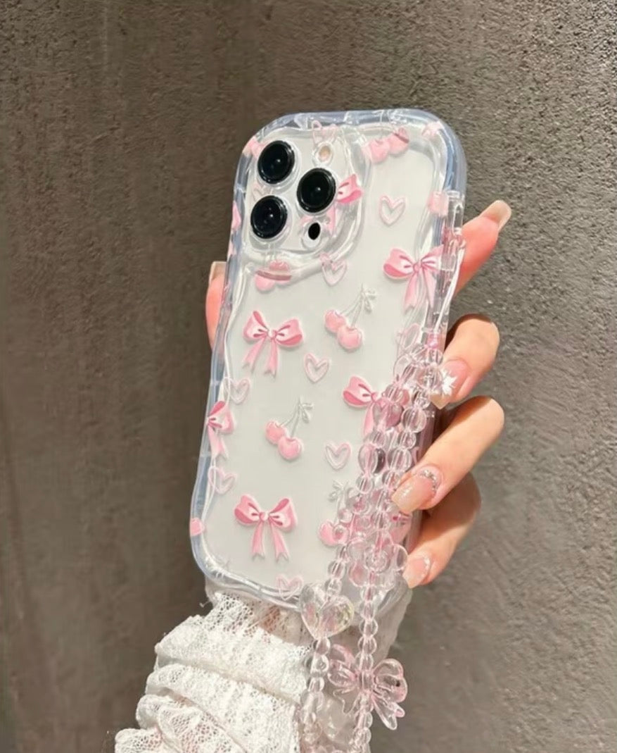 Pink Bow & Cherry Clear iPhone Case with Bracelet Chain