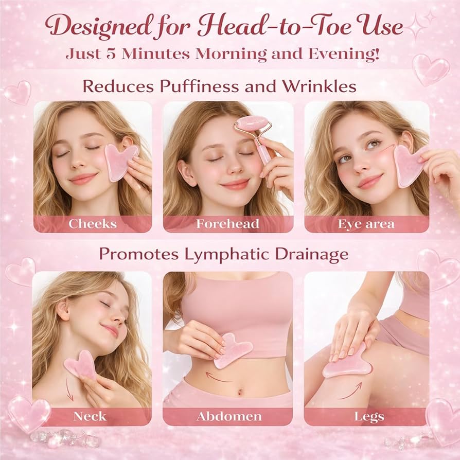 Aura Glow Rose Quartz Roller & Gua Sha Set | Anti-Aging Facial Massage