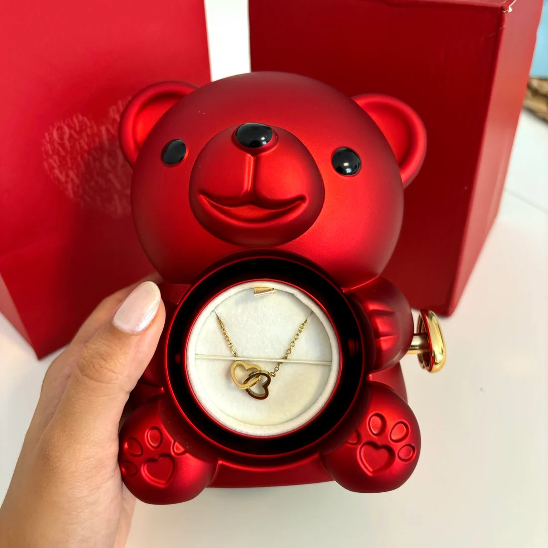 Luxury Red Bear Eternal Rose Gift Box with Gold Heart Necklace