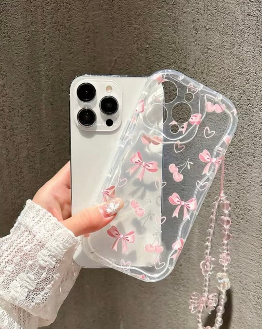 Pink Bow & Cherry Clear iPhone Case with Bracelet Chain